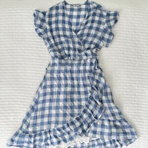 New Rails "Brigitte" A-Line Ruffled Wrap Dress in Periwinkle Blue Check Size S